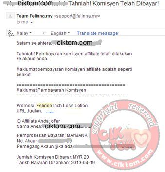 Bayaran Komisen dari Felinna Inchloss Lotion Bayaran Komisen dari Felinna Inchloss Lotion