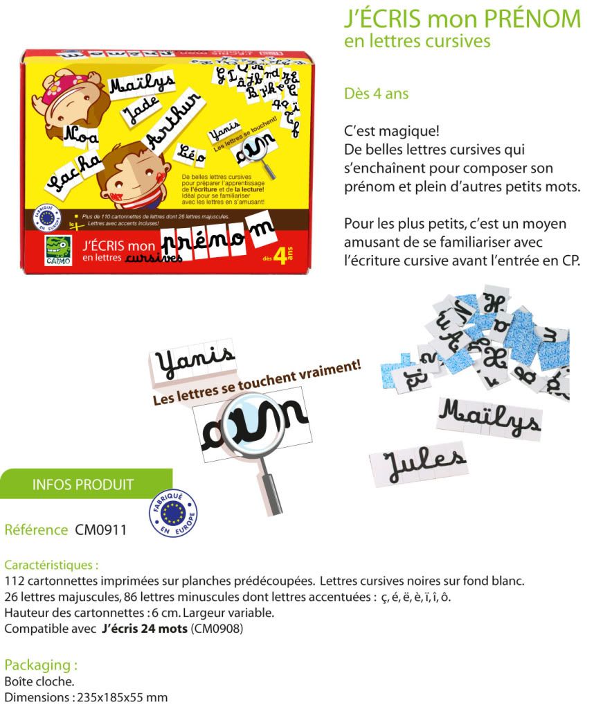 LE JEU DES PRÉNOMS (lettres cursives) CAÏMO, jeux de lettres et jeux de mots.